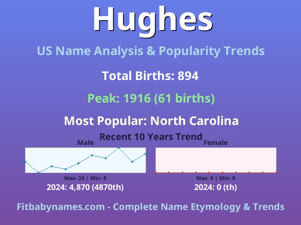 Infographic: Hughes name meaning, origin, and popularity trends in the United States (US baby name analysis chart)