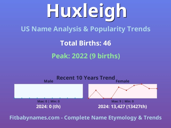 Infographic: Huxleigh name meaning, origin, and popularity trends in the United States (US baby name analysis chart)