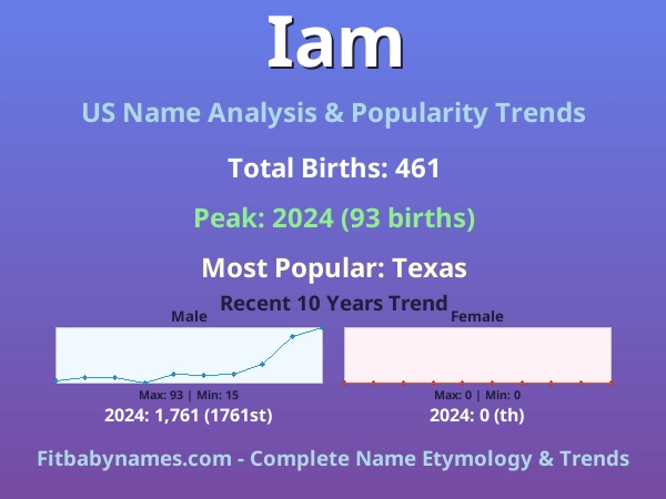 Infographic: Iam name meaning, origin, and popularity trends in the United States (US baby name analysis chart)