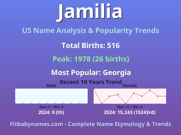 Infographic: Jamilia name meaning, origin, and popularity trends in the United States (US baby name analysis chart)