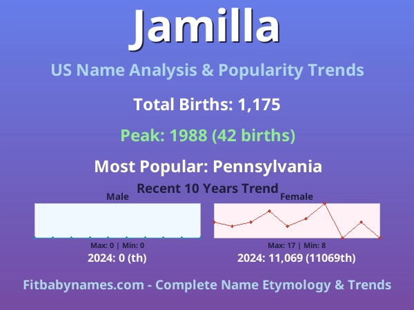 Infographic: Jamilla name meaning, origin, and popularity trends in the United States (US baby name analysis chart)