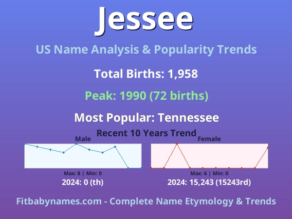 Infographic: Jessee name meaning, origin, and popularity trends in the United States (US baby name analysis chart)