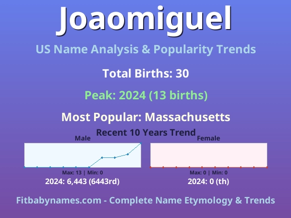 Infographic: Joaomiguel name meaning, origin, and popularity trends in the United States (US baby name analysis chart)