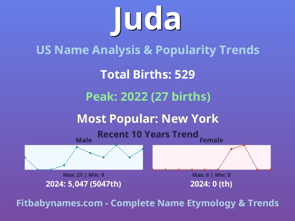 Infographic: Juda name meaning, origin, and popularity trends in the United States (US baby name analysis chart)