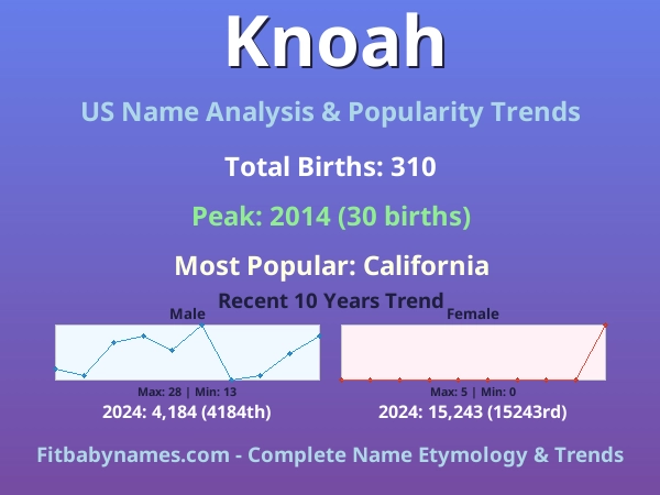 Infographic: Knoah name meaning, origin, and popularity trends in the United States (US baby name analysis chart)