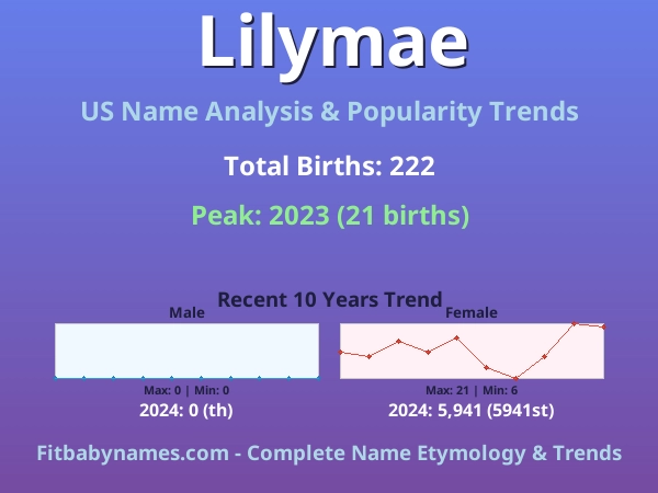 Infographic: Lilymae name meaning, origin, and popularity trends in the United States (US baby name analysis chart)