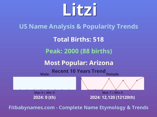 Infographic: Litzi name meaning, origin, and popularity trends in the United States (US baby name analysis chart)