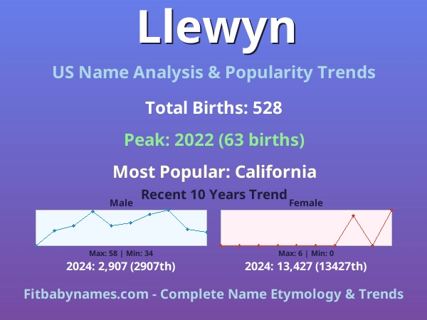Infographic: Llewyn name meaning, origin, and popularity trends in the United States (US baby name analysis chart)
