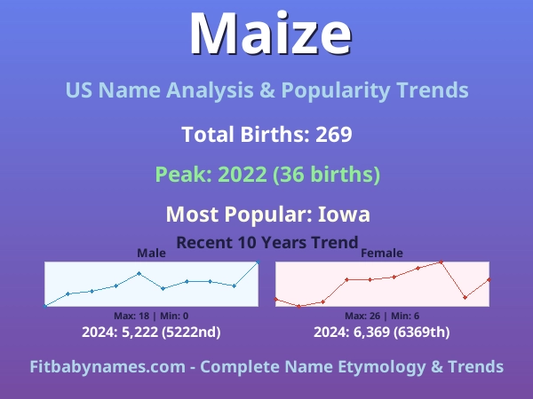 Infographic: Maize name meaning, origin, and popularity trends in the United States (US baby name analysis chart)