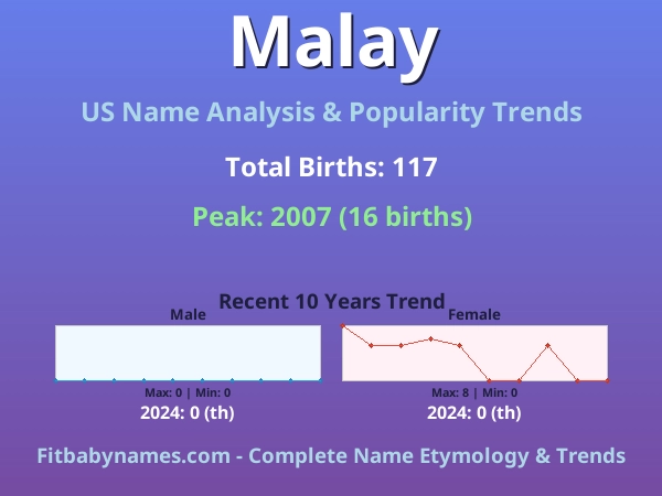 Infographic: Malay name meaning, origin, and popularity trends in the United States (US baby name analysis chart)