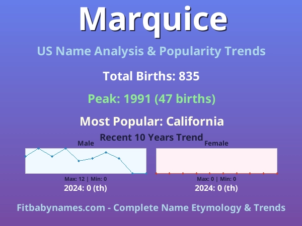Infographic: Marquice name meaning, origin, and popularity trends in the United States (US baby name analysis chart)