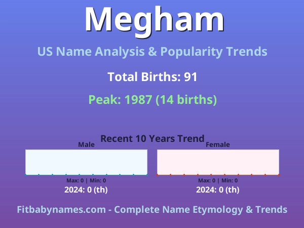 Infographic: Megham name meaning, origin, and popularity trends in the United States (US baby name analysis chart)