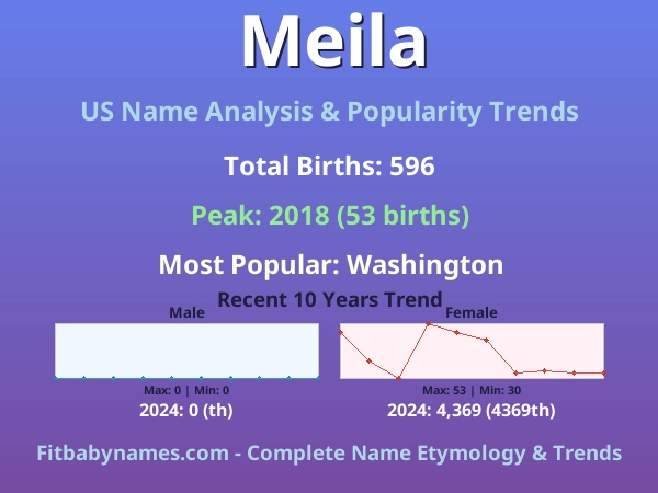 Infographic: Meila name meaning, origin, and popularity trends in the United States (US baby name analysis chart)