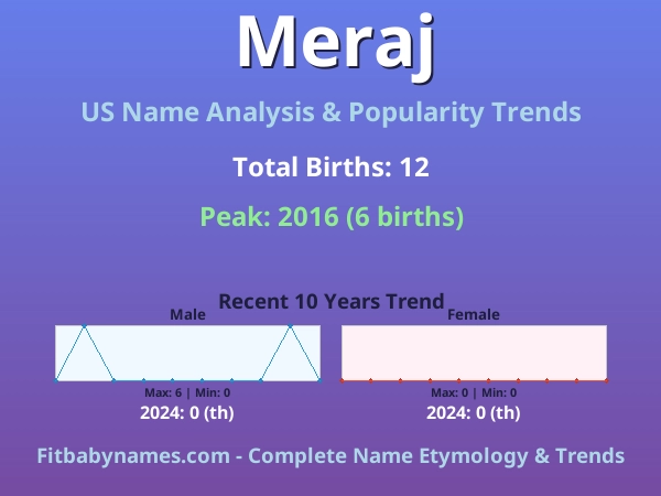 Infographic: Meraj name meaning, origin, and popularity trends in the United States (US baby name analysis chart)