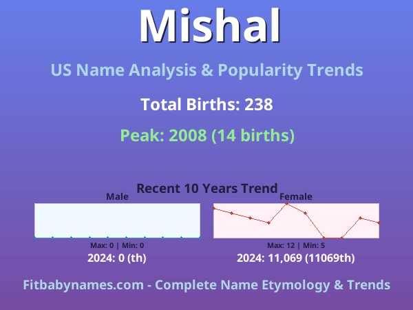 Infographic: Mishal name meaning, origin, and popularity trends in the United States (US baby name analysis chart)