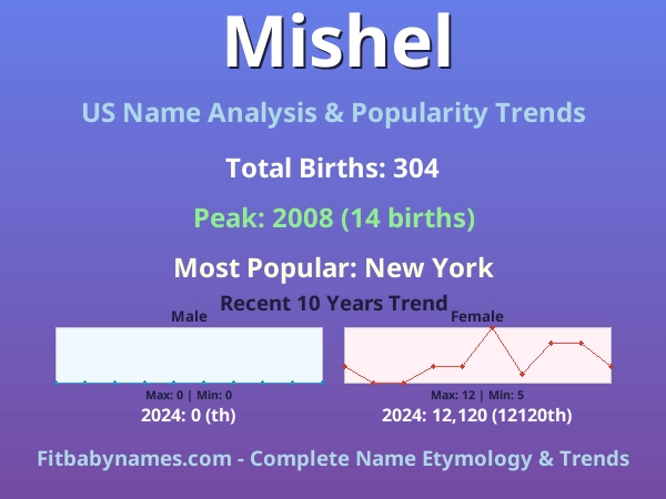 Infographic: Mishel name meaning, origin, and popularity trends in the United States (US baby name analysis chart)