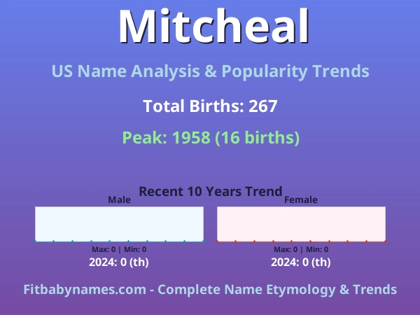 Infographic: Mitcheal name meaning, origin, and popularity trends in the United States (US baby name analysis chart)