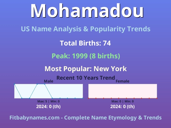 Infographic: Mohamadou name meaning, origin, and popularity trends in the United States (US baby name analysis chart)