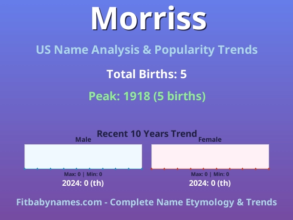 Infographic: Morriss name meaning, origin, and popularity trends in the United States (US baby name analysis chart)