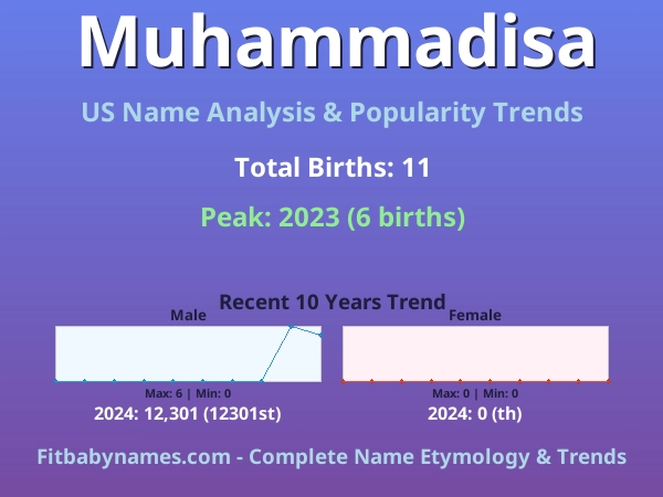 Infographic: Muhammadisa name meaning, origin, and popularity trends in the United States (US baby name analysis chart)
