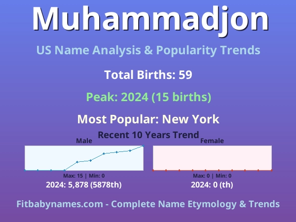 Infographic: Muhammadjon name meaning, origin, and popularity trends in the United States (US baby name analysis chart)