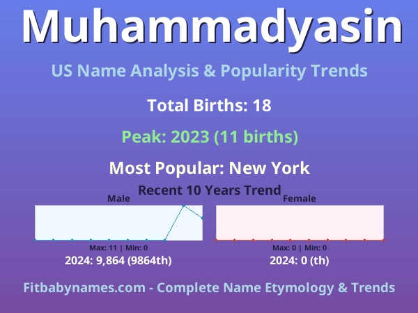 Infographic: Muhammadyasin name meaning, origin, and popularity trends in the United States (US baby name analysis chart)