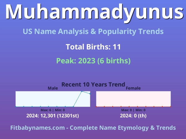 Infographic: Muhammadyunus name meaning, origin, and popularity trends in the United States (US baby name analysis chart)