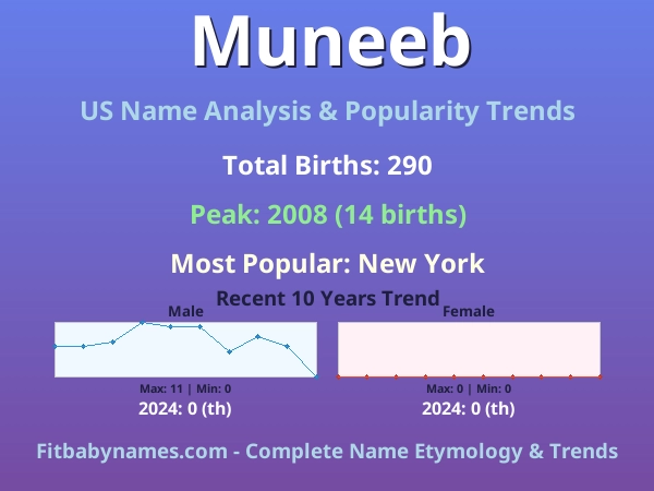 Infographic: Muneeb name meaning, origin, and popularity trends in the United States (US baby name analysis chart)