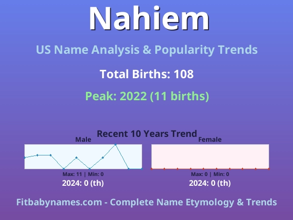 Infographic: Nahiem name meaning, origin, and popularity trends in the United States (US baby name analysis chart)
