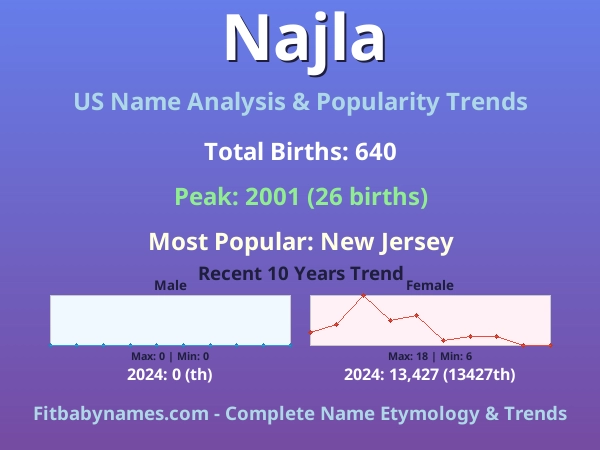 Infographic: Najla name meaning, origin, and popularity trends in the United States (US baby name analysis chart)