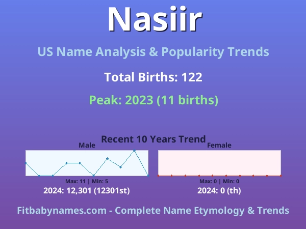 Infographic: Nasiir name meaning, origin, and popularity trends in the United States (US baby name analysis chart)