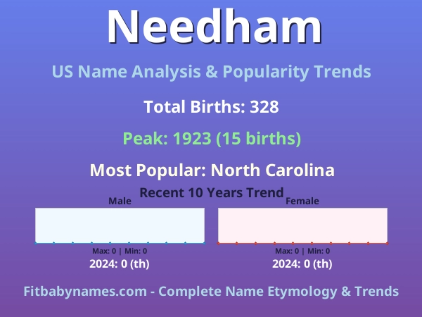 Infographic: Needham name meaning, origin, and popularity trends in the United States (US baby name analysis chart)
