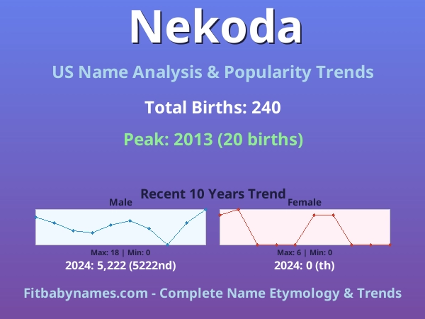 Infographic: Nekoda name meaning, origin, and popularity trends in the United States (US baby name analysis chart)