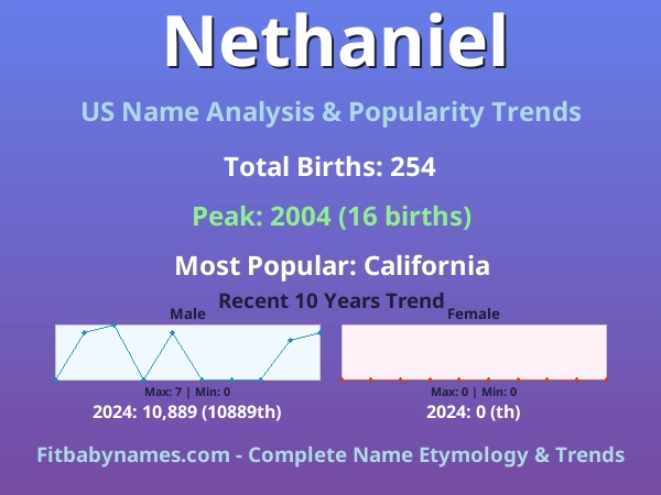 Infographic: Nethaniel name meaning, origin, and popularity trends in the United States (US baby name analysis chart)