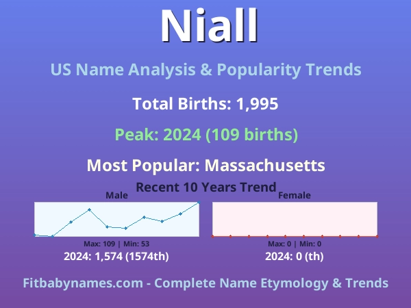 Infographic: Niall name meaning, origin, and popularity trends in the United States (US baby name analysis chart)