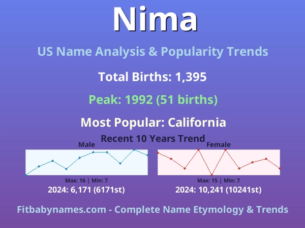 Infographic: Nima name meaning, origin, and popularity trends in the United States (US baby name analysis chart)