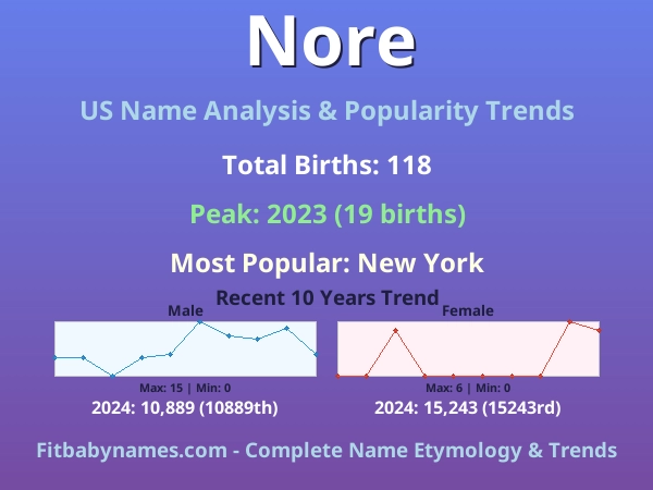 Infographic: Nore name meaning, origin, and popularity trends in the United States (US baby name analysis chart)