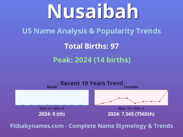 Infographic: Nusaibah name meaning, origin, and popularity trends in the United States (US baby name analysis chart)