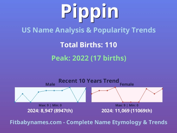 Infographic: Pippin name meaning, origin, and popularity trends in the United States (US baby name analysis chart)