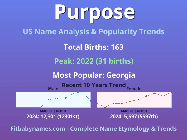 Infographic: Purpose name meaning, origin, and popularity trends in the United States (US baby name analysis chart)