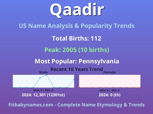 Infographic: Qaadir name meaning, origin, and popularity trends in the United States (US baby name analysis chart)