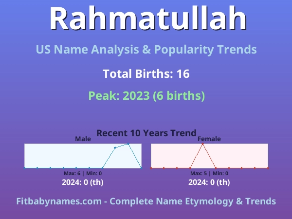 Infographic: Rahmatullah name meaning, origin, and popularity trends in the United States (US baby name analysis chart)