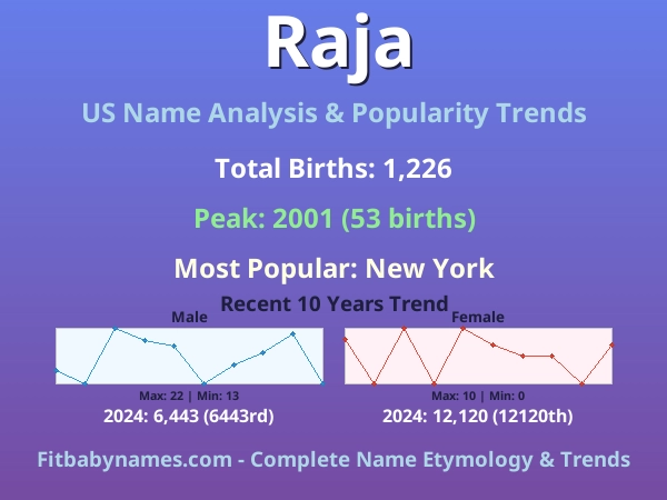 Infographic: Raja name meaning, origin, and popularity trends in the United States (US baby name analysis chart)