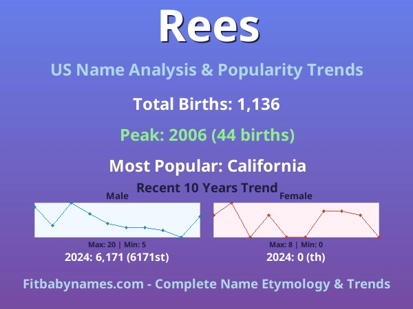 Infographic: Rees name meaning, origin, and popularity trends in the United States (US baby name analysis chart)