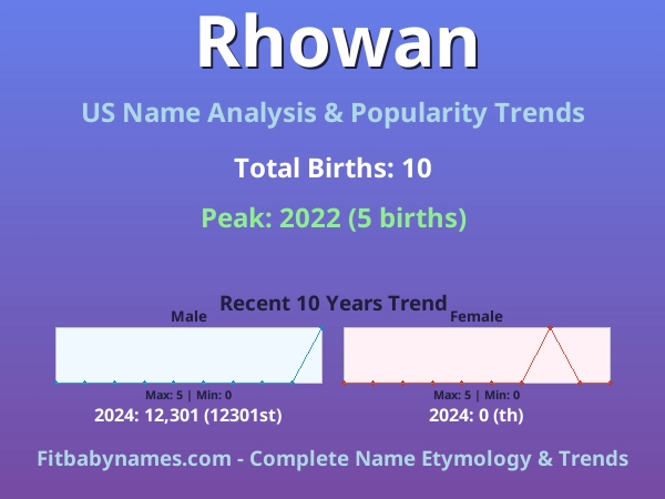 Infographic: Rhowan name meaning, origin, and popularity trends in the United States (US baby name analysis chart)