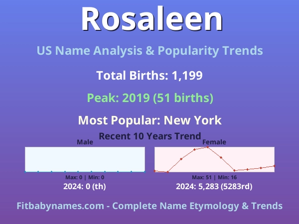 Infographic: Rosaleen name meaning, origin, and popularity trends in the United States (US baby name analysis chart)