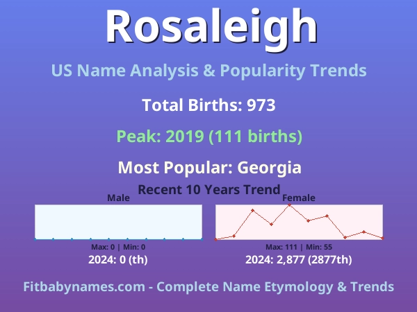 Infographic: Rosaleigh name meaning, origin, and popularity trends in the United States (US baby name analysis chart)
