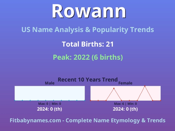 Infographic: Rowann name meaning, origin, and popularity trends in the United States (US baby name analysis chart)