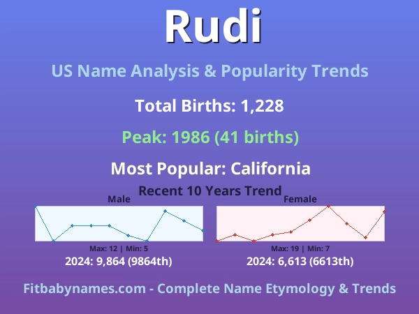 Infographic: Rudi name meaning, origin, and popularity trends in the United States (US baby name analysis chart)