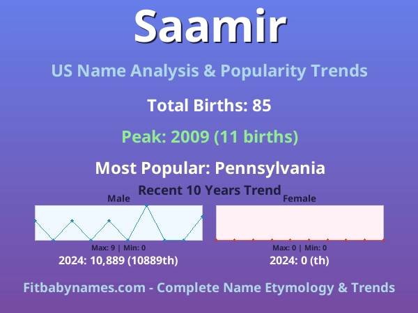 Infographic: Saamir name meaning, origin, and popularity trends in the United States (US baby name analysis chart)